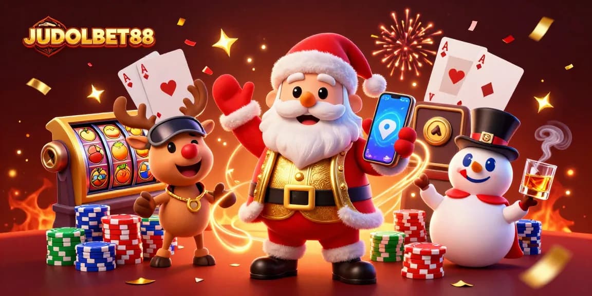 Experience jackpots at JUDOLBET88 with Santa and friends celebrating wins at a vibrant casino scene.