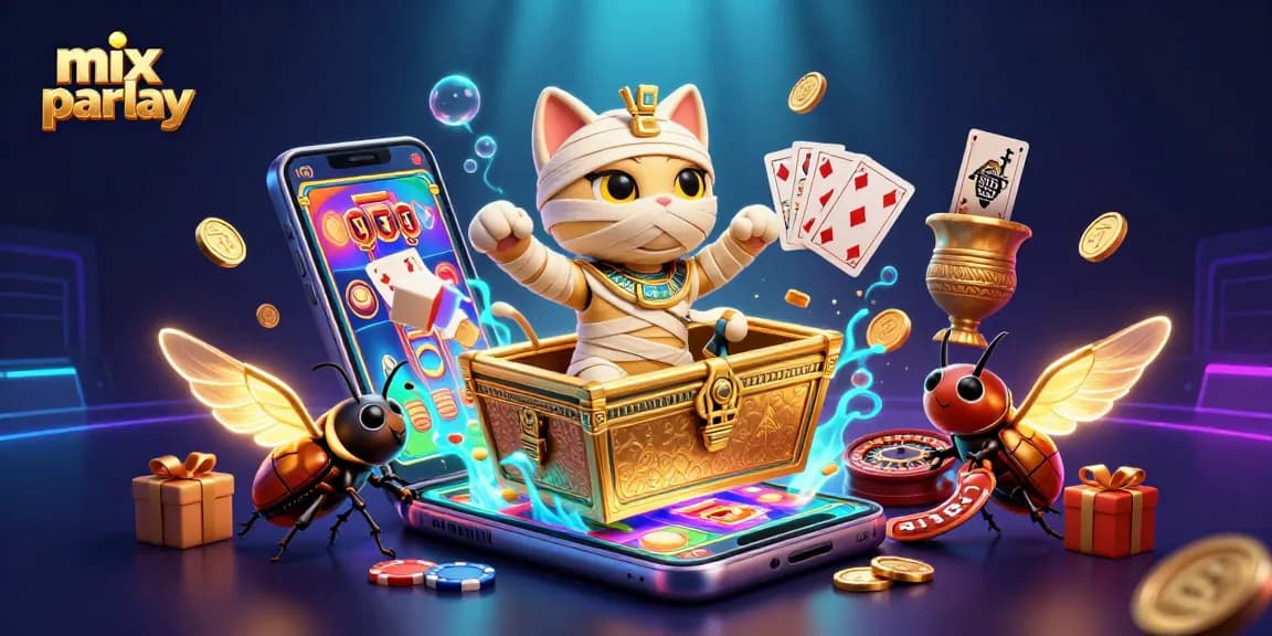 Engage in mix parlay betting with a vibrant scene featuring a mummy cat and casino elements.