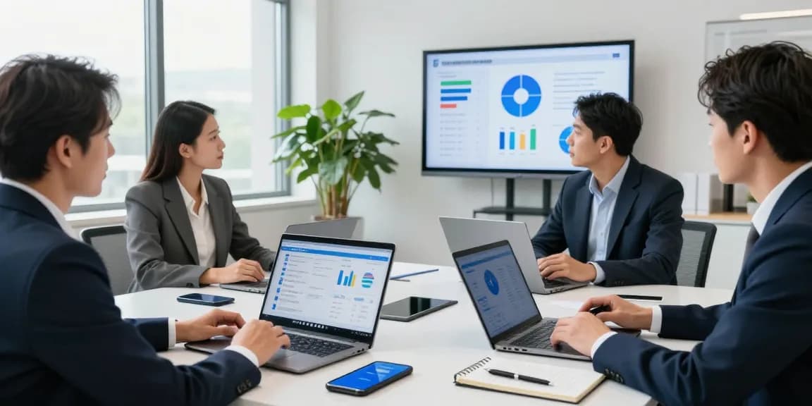 Business meeting discussing age verification system strategies and compliance metrics in a modern office.