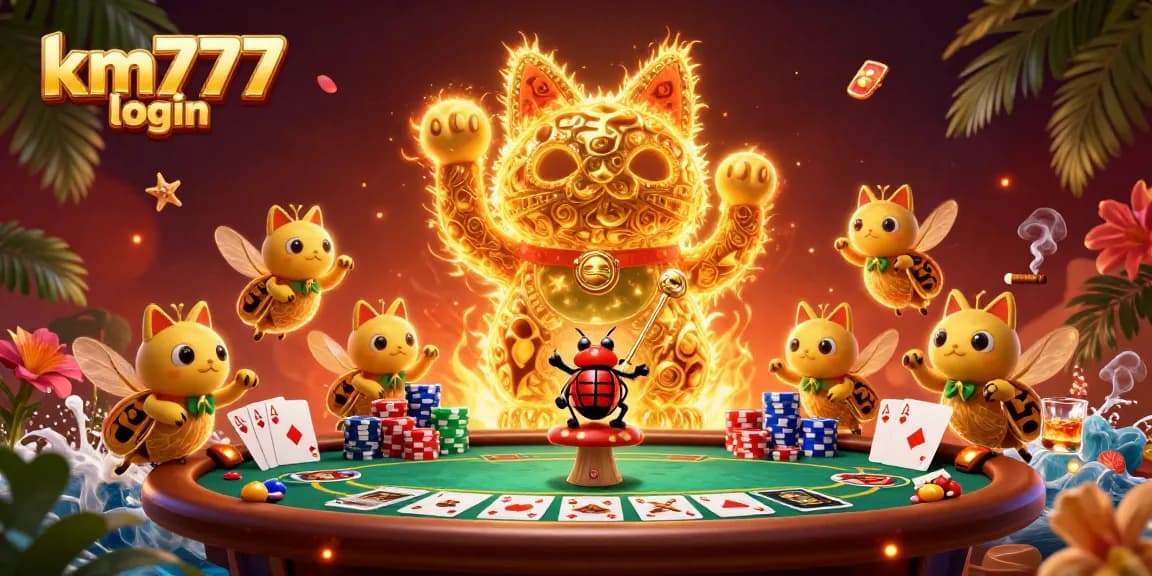Win big with km777 login featuring a vibrant 3D illustration of a golden lucky cat surrounded by poker elements.