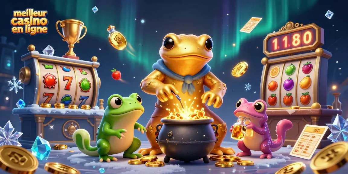 Illustration dynamique représentant le meilleur casino en ligne avec un alchimiste et des éléments de jeux de casino.