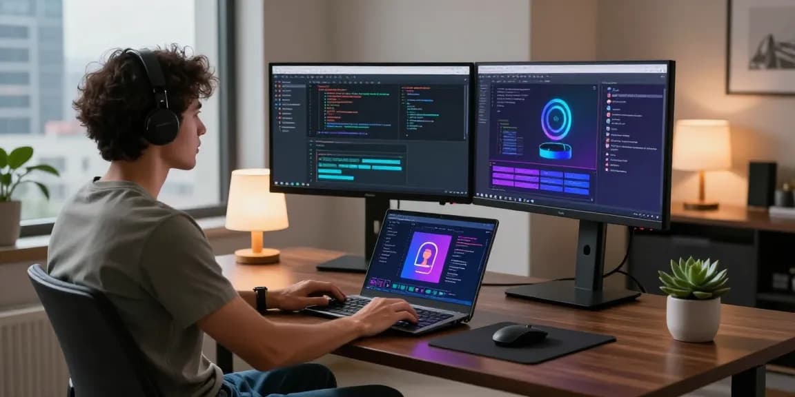 Innovative workspace showcasing CrushOn AI development, featuring code on dual monitors.