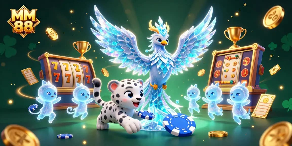 Experience the vibrant energy of MM 88 in this dynamic 3D casino illustration featuring magical characters and exciting gaming elements.