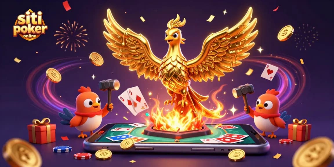 Giocare a siti poker online e vincere con la phoenix d'oro circondata da carte e chip colorate.