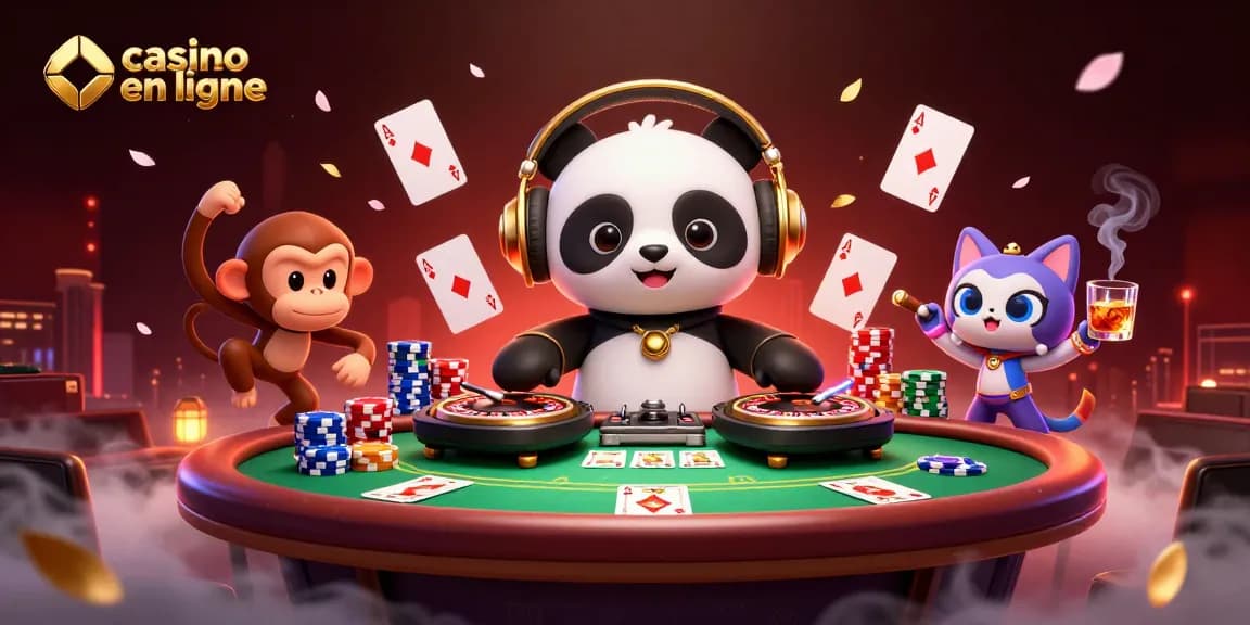Découvrez l'énergie vibrante du casino en ligne avec un panda DJ, un singe dansant et un chaton rave au milieu de l'excitation du poker.