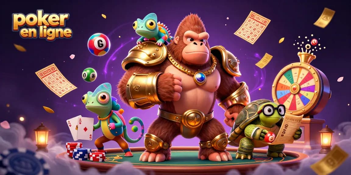 Vivez l'expérience du poker en ligne avec cette illustration dynamique montrant un gorille roi et ses compagnons autour d'une table de poker.