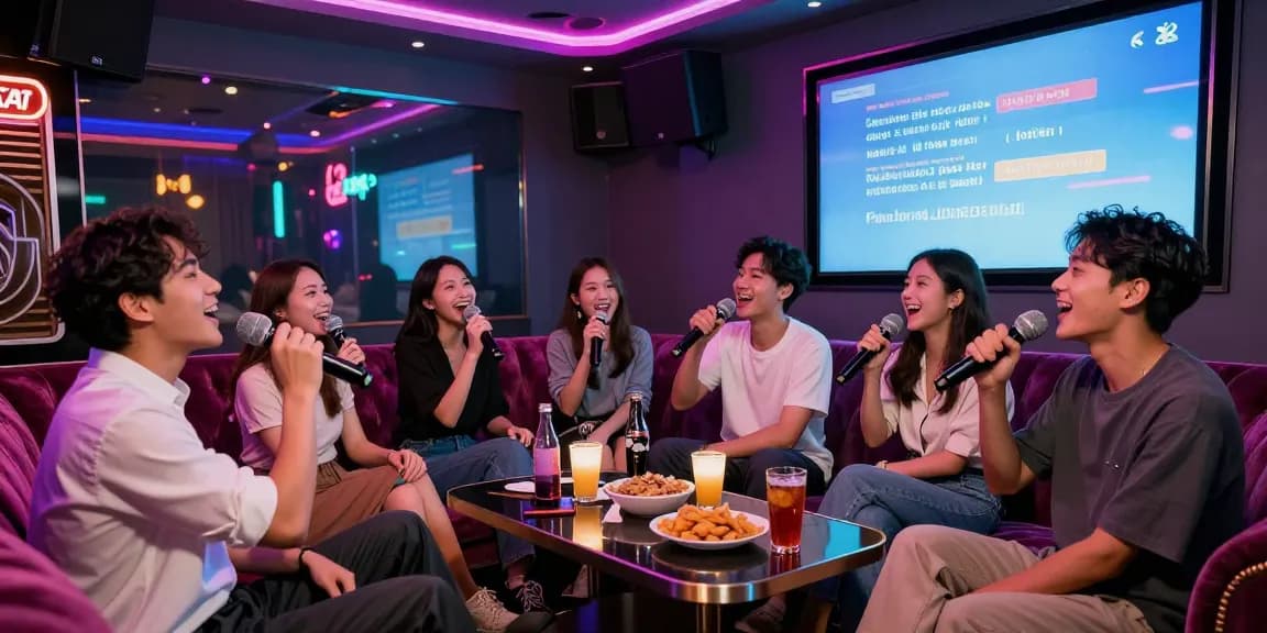 Karaoke fun in Gangnam가라오케 with friends singing, colorful lights, and joyful atmosphere.