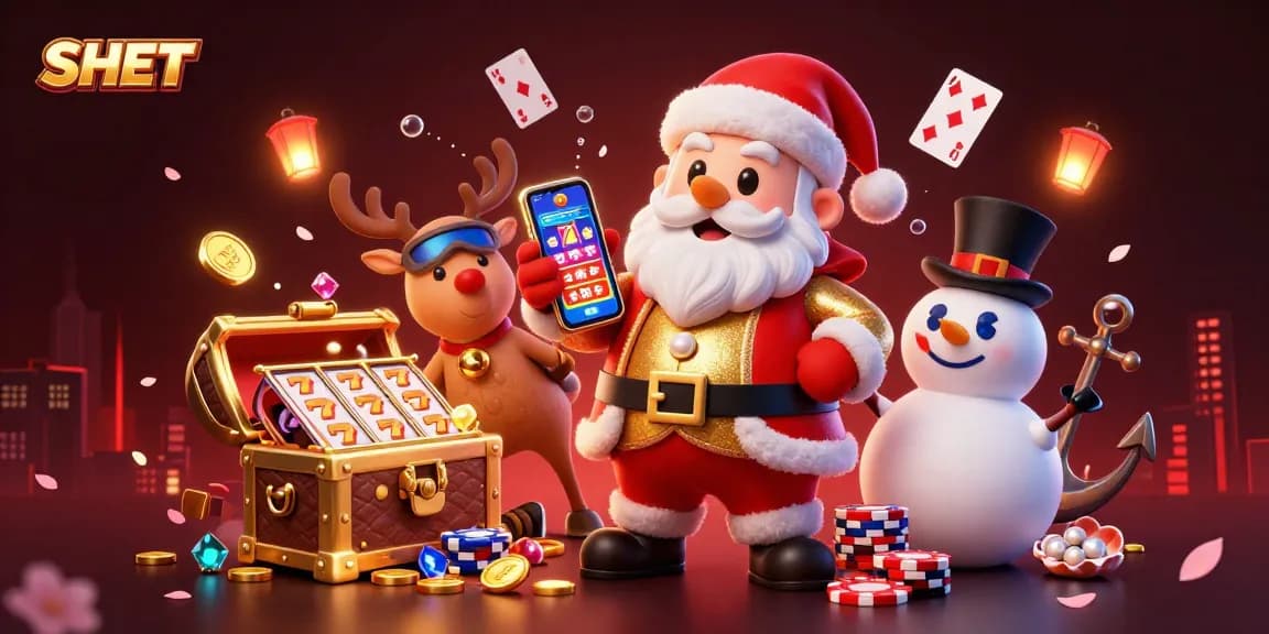 Experience the thrill of SH BET's casino games with Santa Claus and friends in a vibrant 3D illustration.
