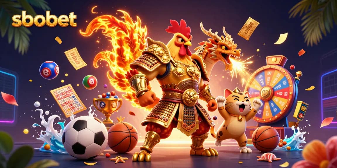 Melakukan taruhan sbobet di arena pertarungan dengan ayam jantan berarmor dan naga kecil, dihiasi bola lotere berwarna.