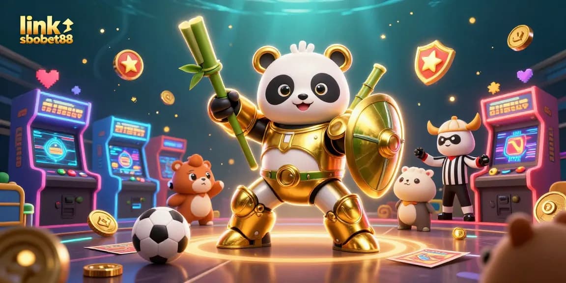 Join the action with link sbobet88 in this vibrant sports betting arena featuring a golden panda and exciting game elements.