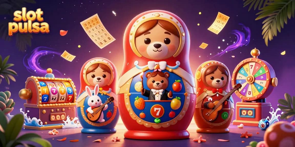 Permainan slot pulsa dengan karakter kartun 3D yang menarik dan elemen kasino berwarna-warni, menghadirkan keseruan bermain slot.