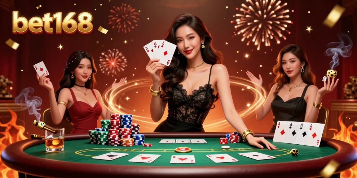 Experience the excitement of bet168 with a luxurious Asian woman elegantly playing cards in a vibrant casino scene.