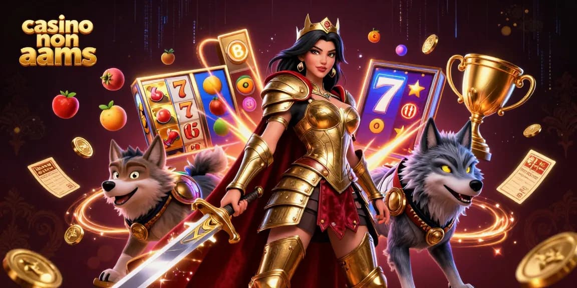 Interagisci con la dinamica scena dei casinò non AAMS che presenta una regina guerriera e affascinanti elementi di slot.