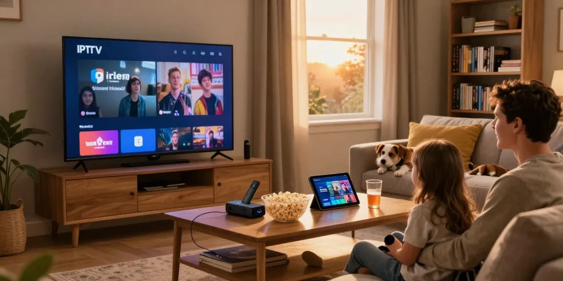 Family enjoying IPTV Ireland streaming on their smart TV during a cozy movie night.