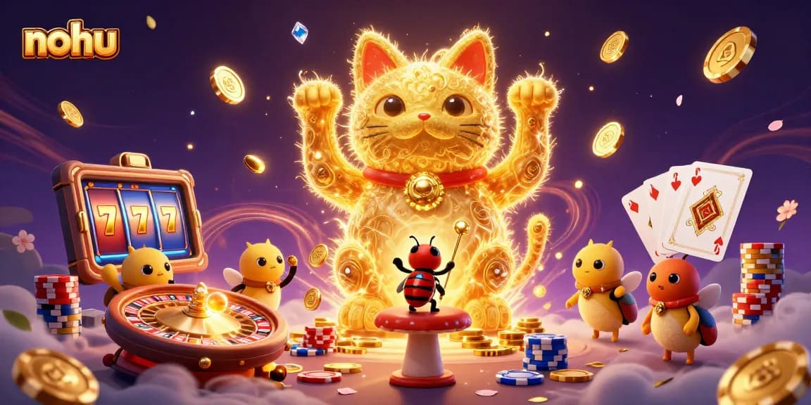Nohu showcases a vibrant 3D illustration of a lucky cat and golden symbols creating excitement in the casino.