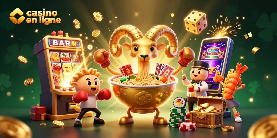 Jouez au casino en ligne avec des personnages 3D animés entourés de machines à sous et de lots éclatants.