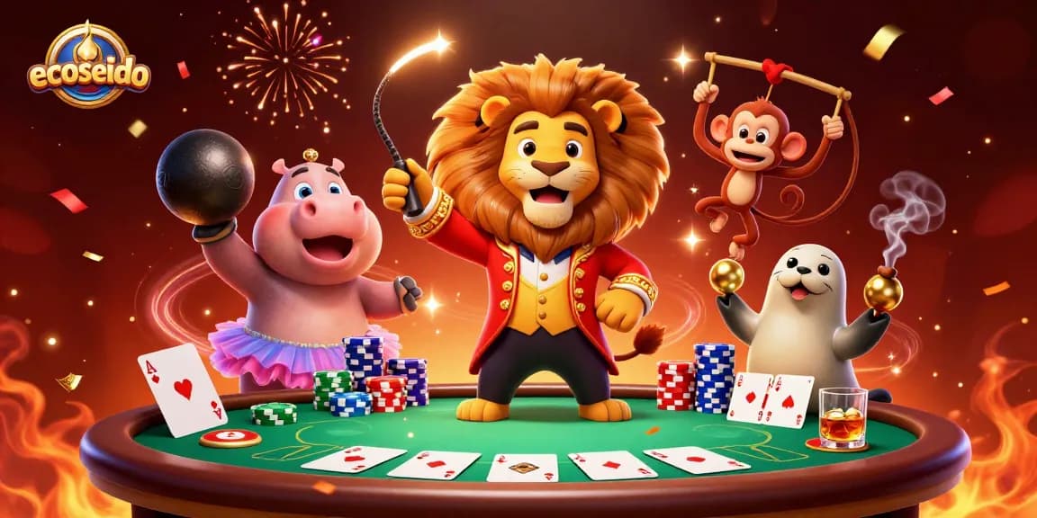 Engage with ecoseido's exhilarating circus of chance, showcasing poker elements and vibrant characters.