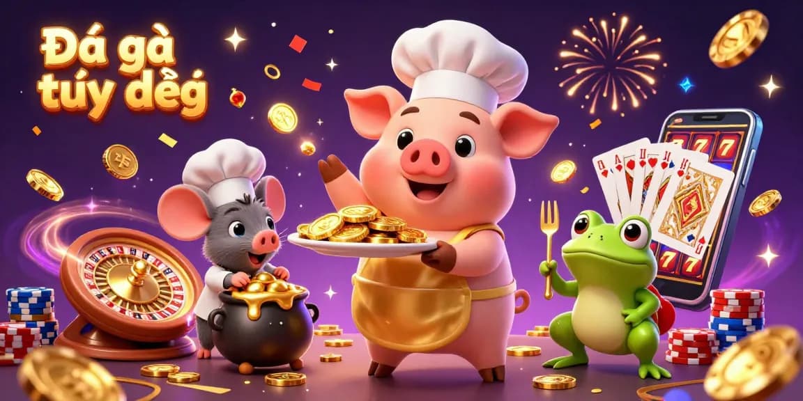 Watch Đá gà trực tiếp in a vibrant cartoon scene with golden coins and interactive betting elements.