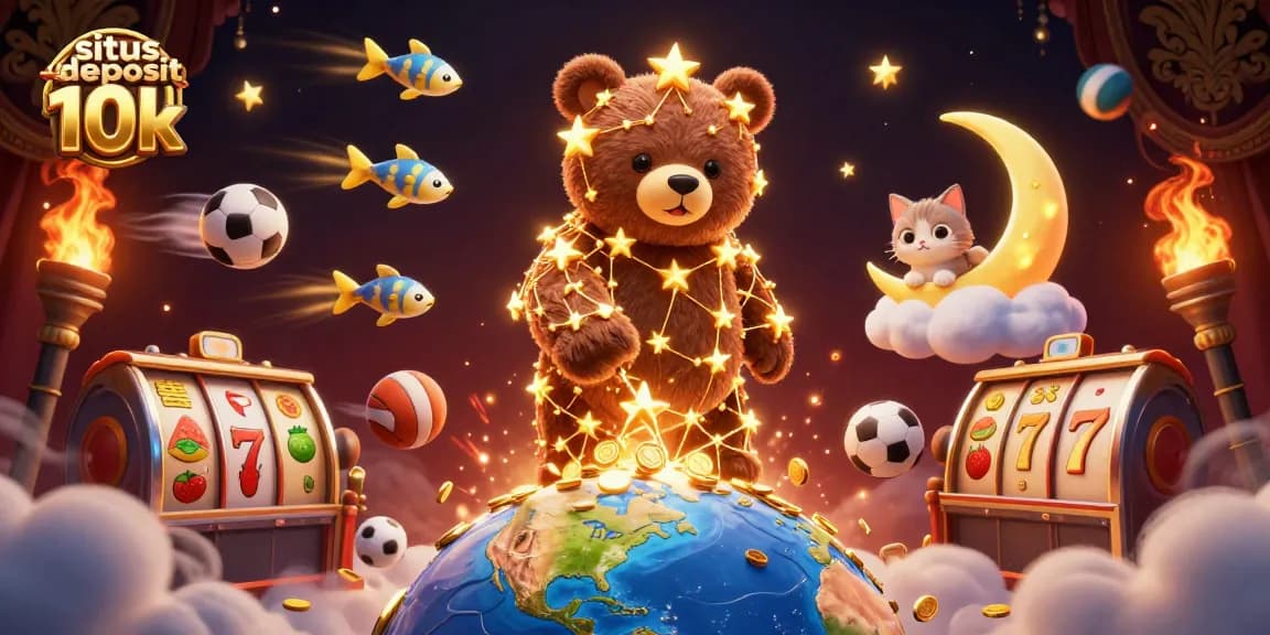 Spin the reels with situs deposit 10k, featuring a dazzling constellation bear and dynamic casino elements.