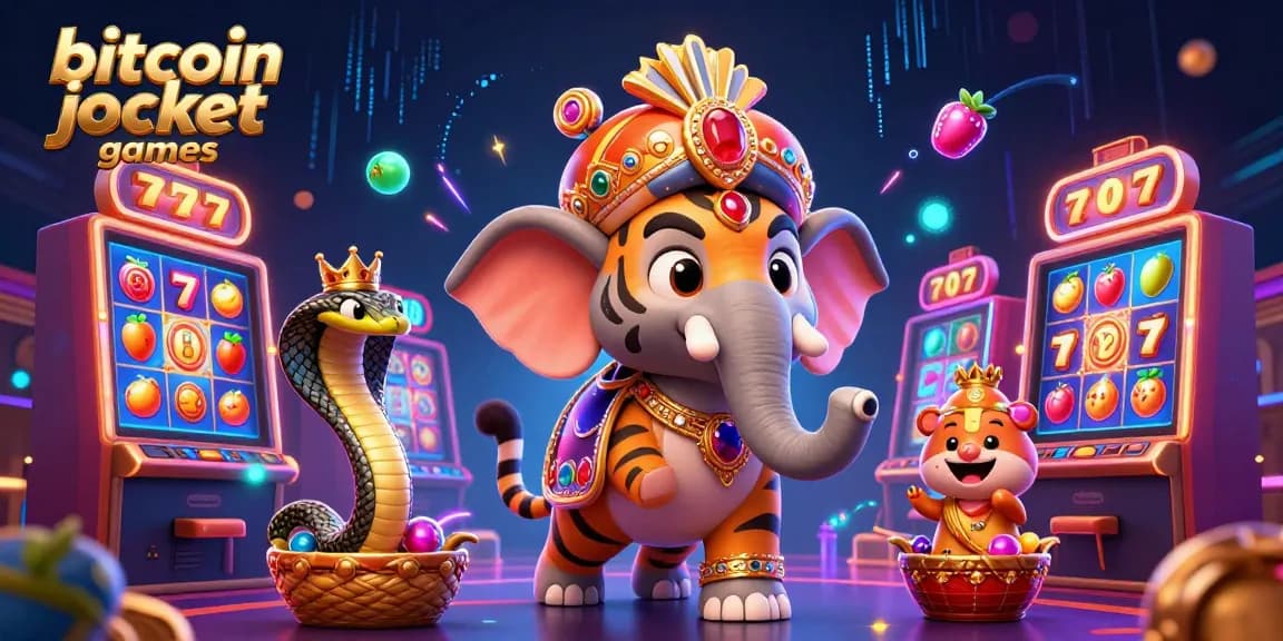 Experience the thrill of bitcoin jackpot games with vibrant slot machines and a dynamic cartoon scene.