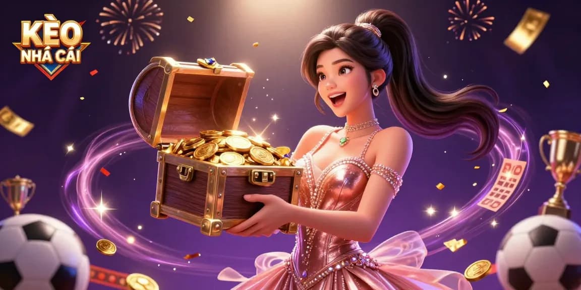 KÈO NHÀ CÁI highlights thrilling sports betting with an Asian woman celebrating amidst treasures
