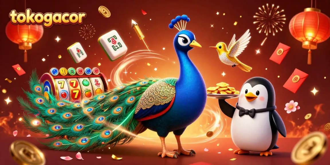 Tokogacor menghadirkan suasana kasino dengan karakter unik seperti merak dan penguin dalam ilustrasi yang dinamis.
