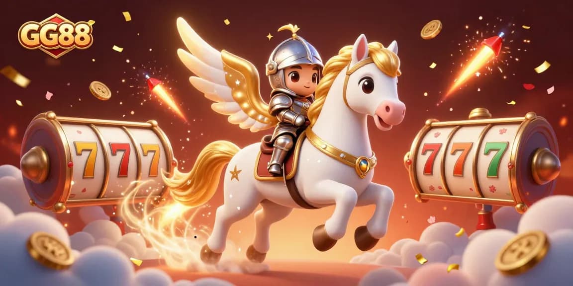 Experience GG88's dynamic gaming world with spinning slot reels, festive coins, and a celestial adventure.