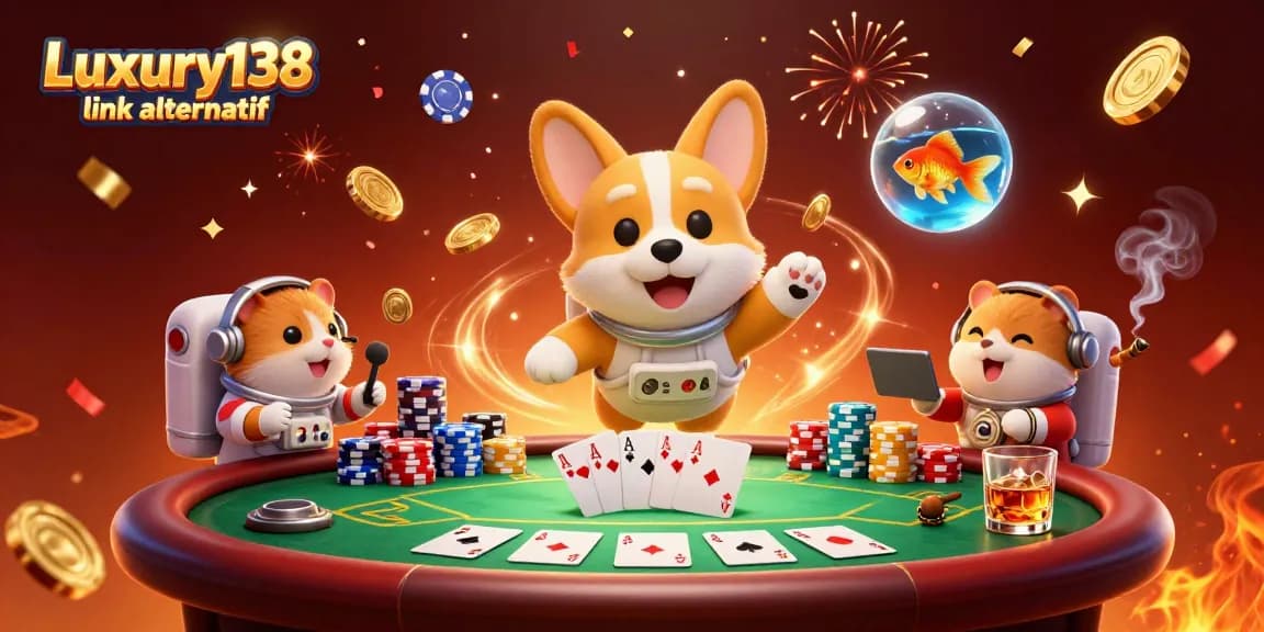 Experience the excitement of Luxury138 link alternatif in a vibrant space casino with a playful corgi and golden coins!