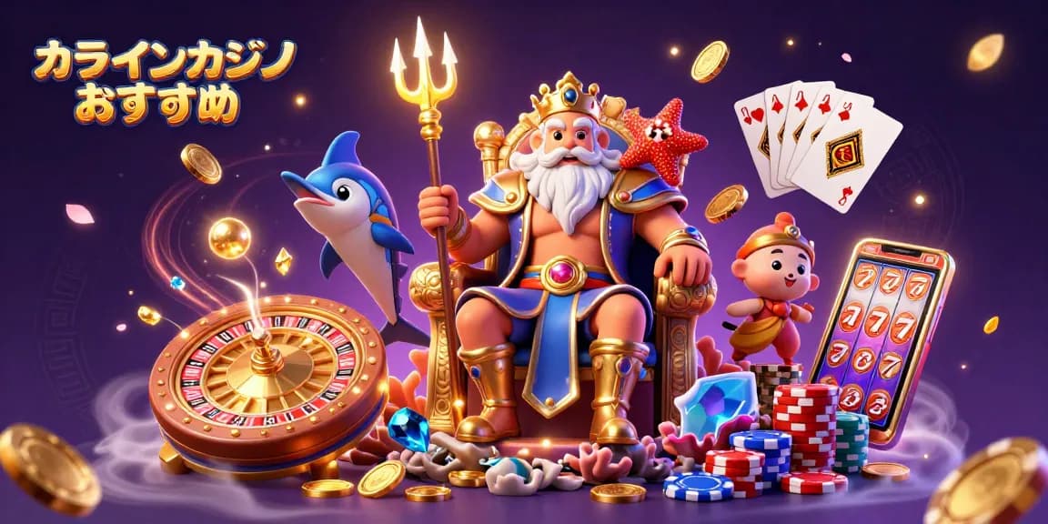 オンラインカジノ おすすめの魅力を伝える、色とりどりのゲーム要素とキャラクターが描かれた3Dイラスト。