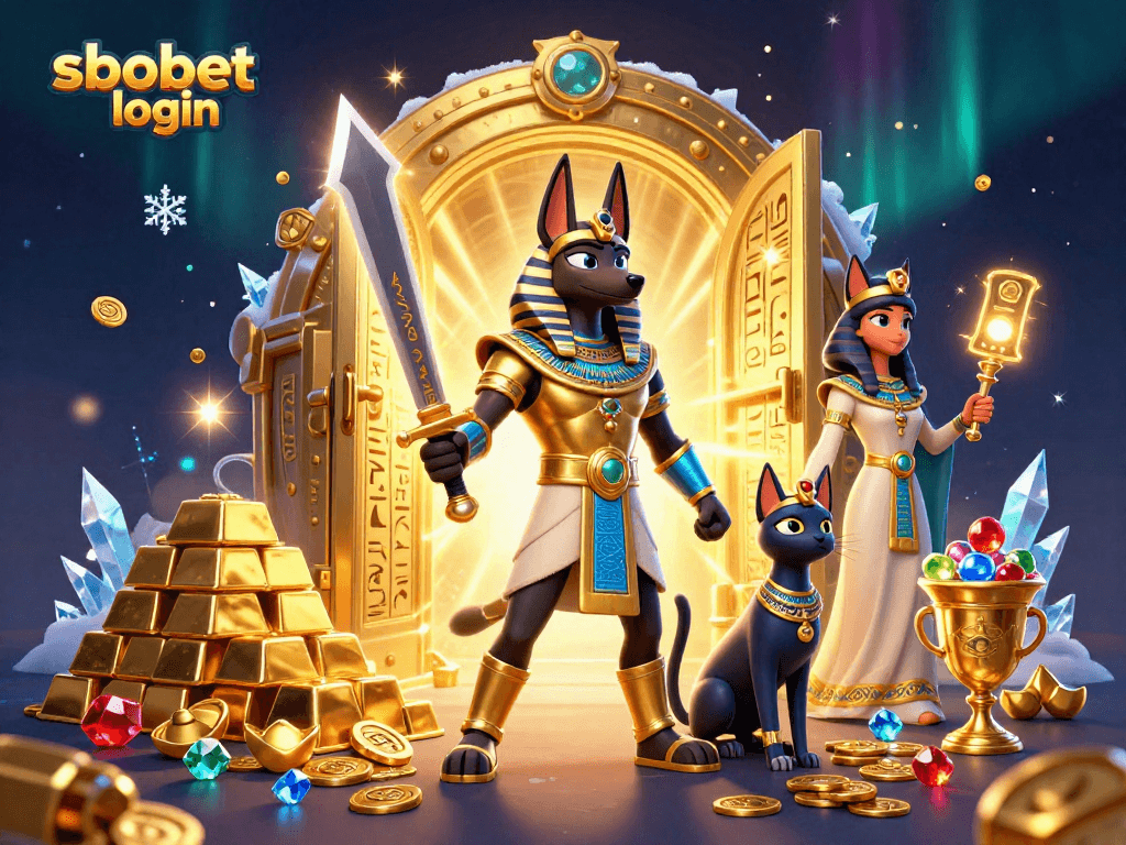 Engage with sbobet login in a vibrant scene featuring Anubis with treasures, enhancing the betting experience.