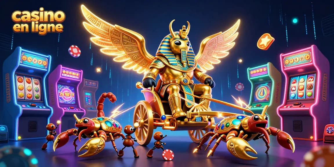Illustration d'un scarabée doré colossal dans un casino en ligne avec des machines à sous et des jetons de poker.