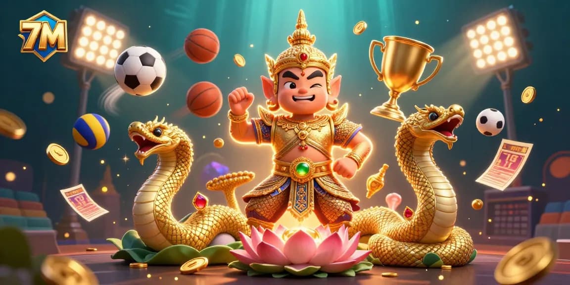 Bet on 7M for exciting sports betting action with dynamic balls and a vibrant guardian.