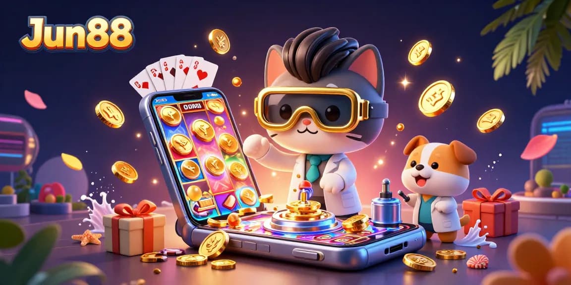 Win big with Jun88's thrilling online gaming experience featuring a mad scientist cat and dog!