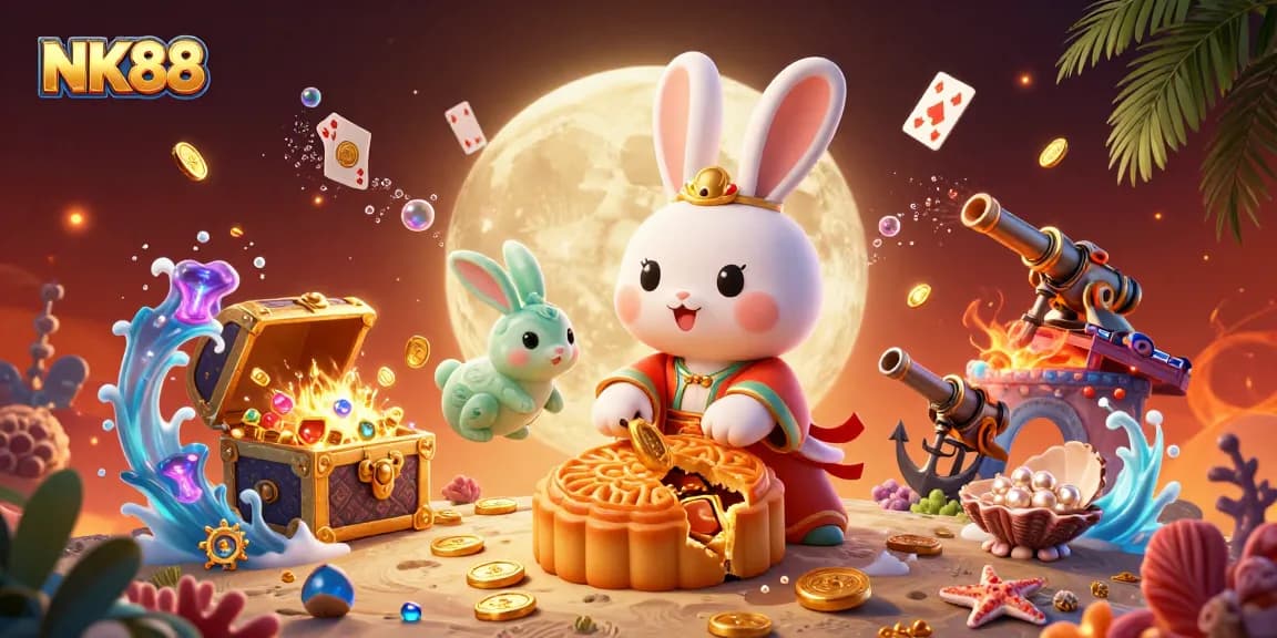 Experience NK88 with a vibrant 3D casino scene featuring a moon rabbit and treasures.