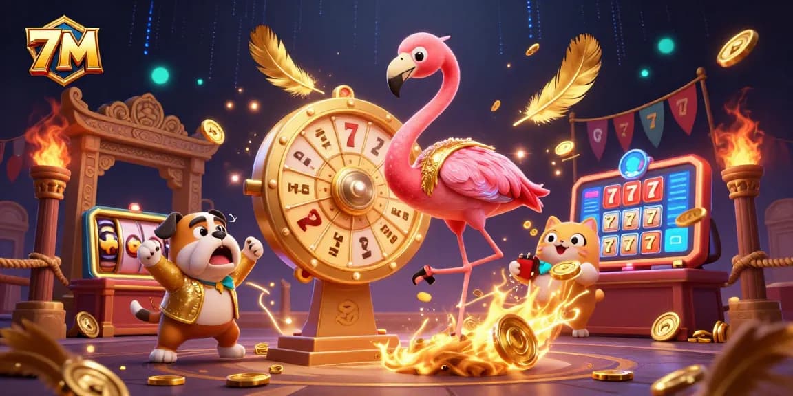 Spin and win big with 7M in a vibrant casino scene featuring a golden prize wheel.