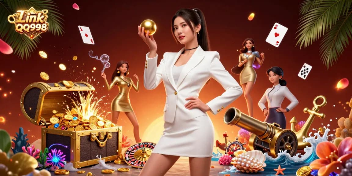 Play casino games and win big with Link QQ998, featuring vibrant characters and dynamic elements.