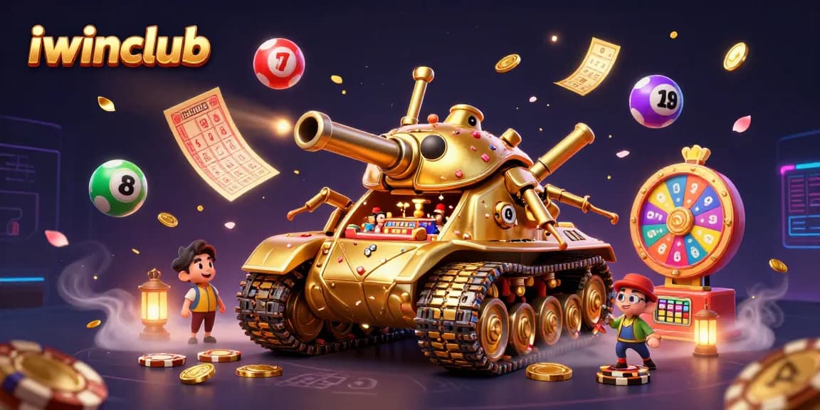 Play at iwinclub with a dynamic scene featuring a golden beetle tank casino and vibrant game elements.