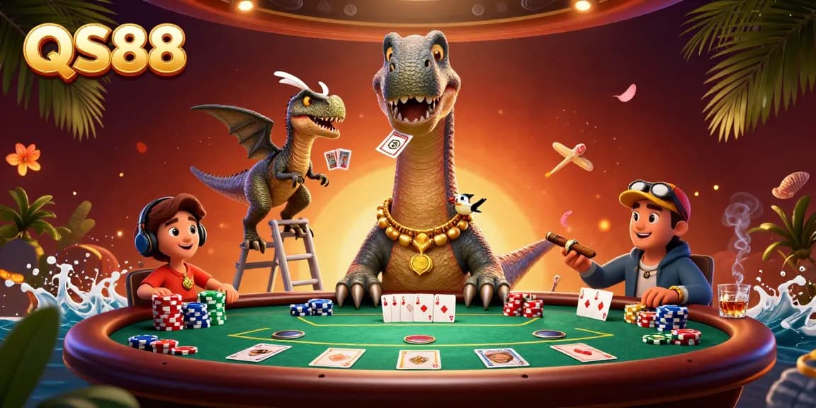 Experience thrilling poker at QS88 with epic dinosaur characters and vibrant game elements.