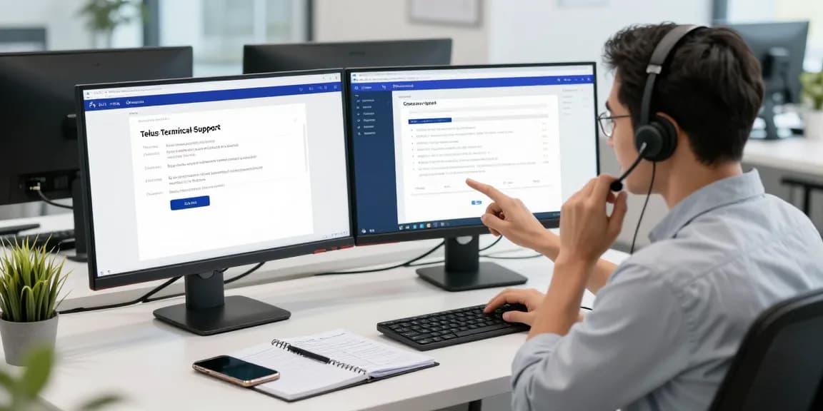 Customer interaction capturing Telus-Technical-Support atmosphere in a modern tech workspace.