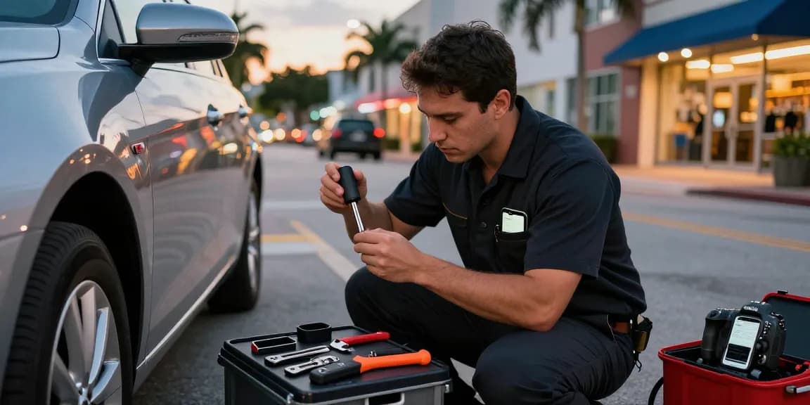 Mobile locksmith Fort Lauderdale expert working on a car lock in a bustling urban setting.