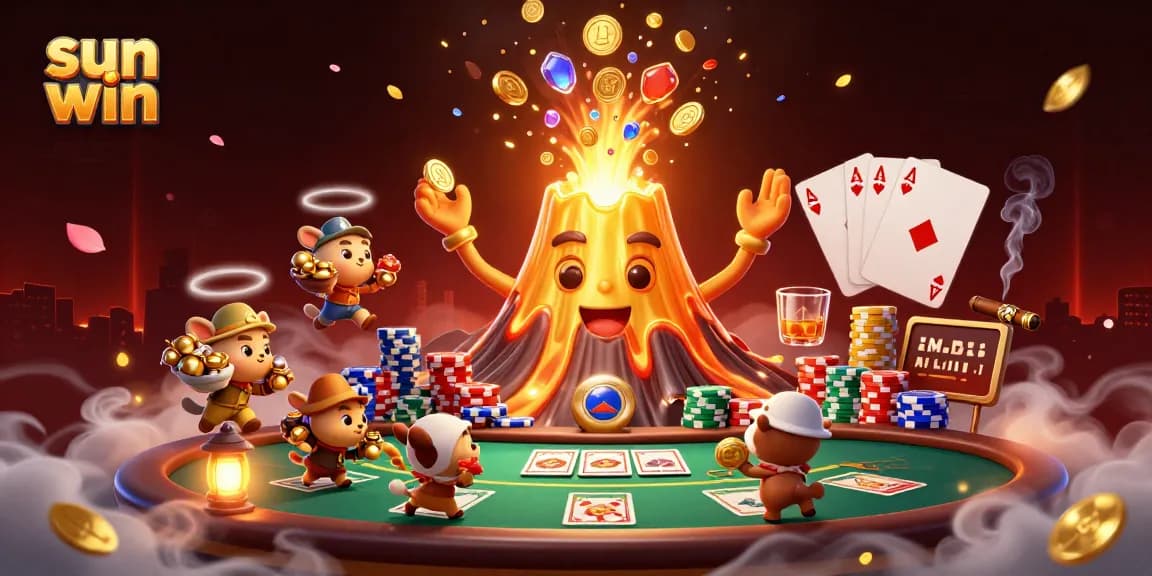 Experience sun win excitement with a golden volcano erupting coins and tiny explorers in a vibrant casino scene