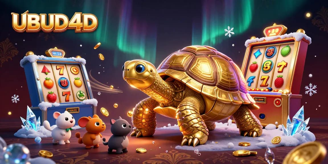 Play slot games dynamically with UBUD4D's exciting 3D illustration featuring golden tortoise and vibrant elements.
