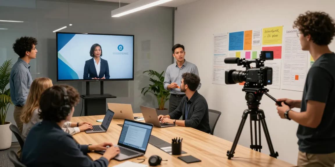 Capture of a professional corporate video production scene showcasing teamwork in action, focusing on Corporate Video Production.