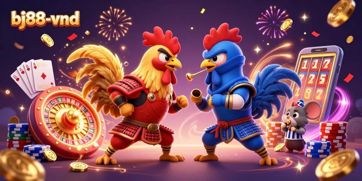 Experience thrilling action with bj88-vnd-inspired roosters in a dramatic standoff surrounded by casino elements.