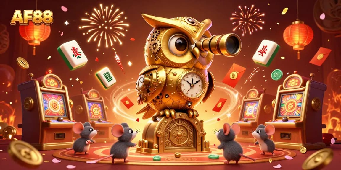 Experience thrilling gameplay at AF88 with a vibrant casino scene featuring a golden owl and festive elements.
