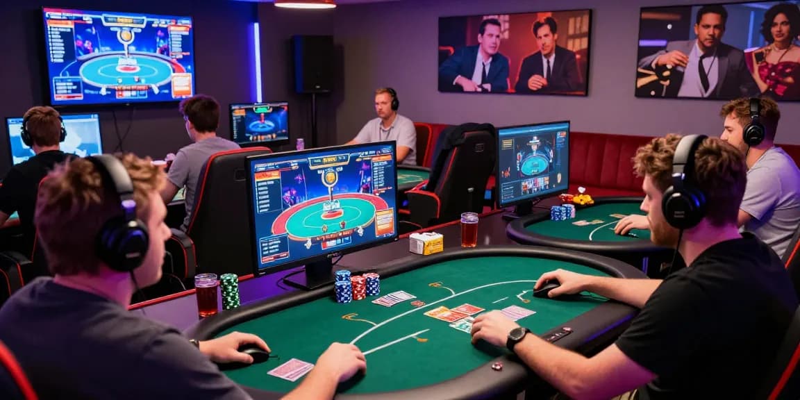 Agen Poker Online players competing in a vibrant virtual tournament environment with colorful displays and high-energy atmosphere.