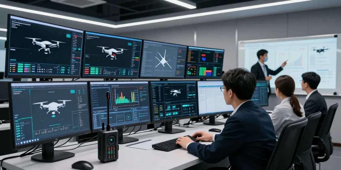 Anti drone jammer technology showcased in a high-tech security operations center with professionals monitoring drone activity.