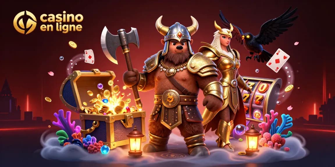 Illustration dynamique de casino en ligne avec un ours viking et une aigle valkyrie entourés de trésors et de symboles de jeux.