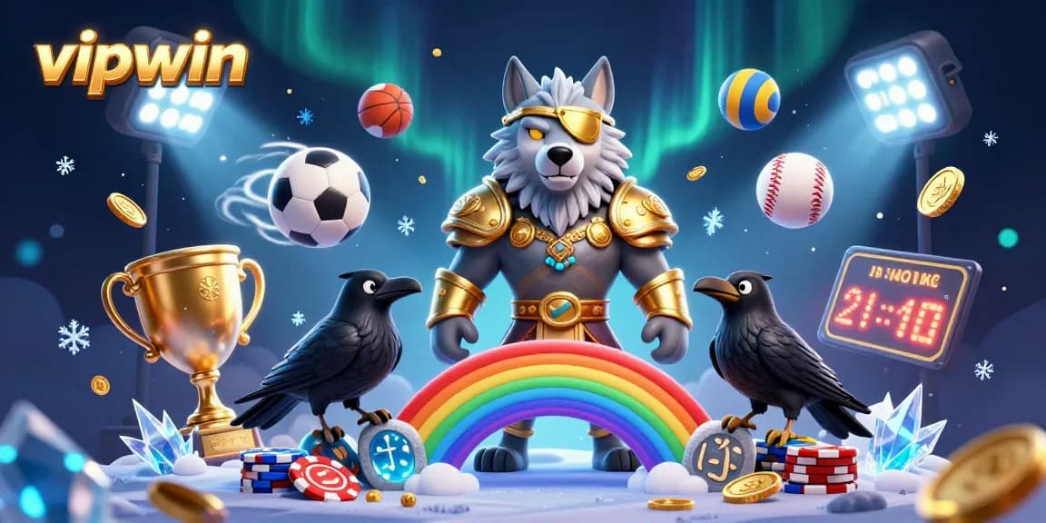 Experience the thrill of vipwin with Odin and ravens atop a casino chip bridge.