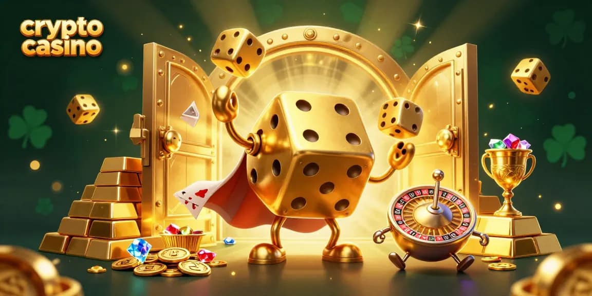 Joue dans un crypto casino avec des personnages animés, des dés dorés et des éléments de jackpot autour